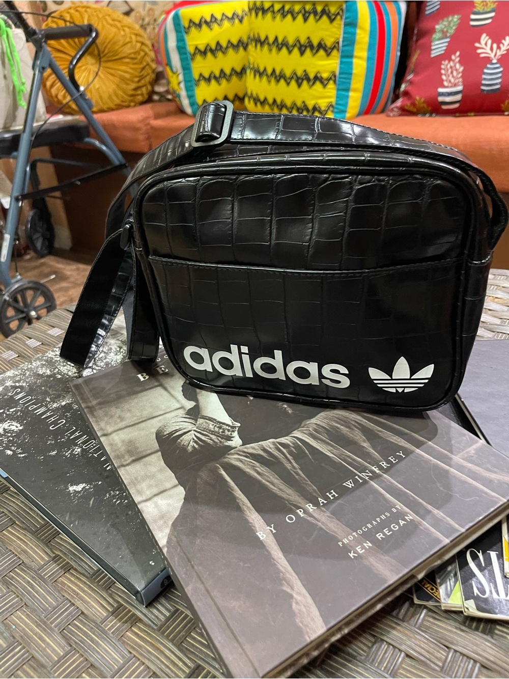 adidas Black Croc-Textured Messenger Crossbody Bag